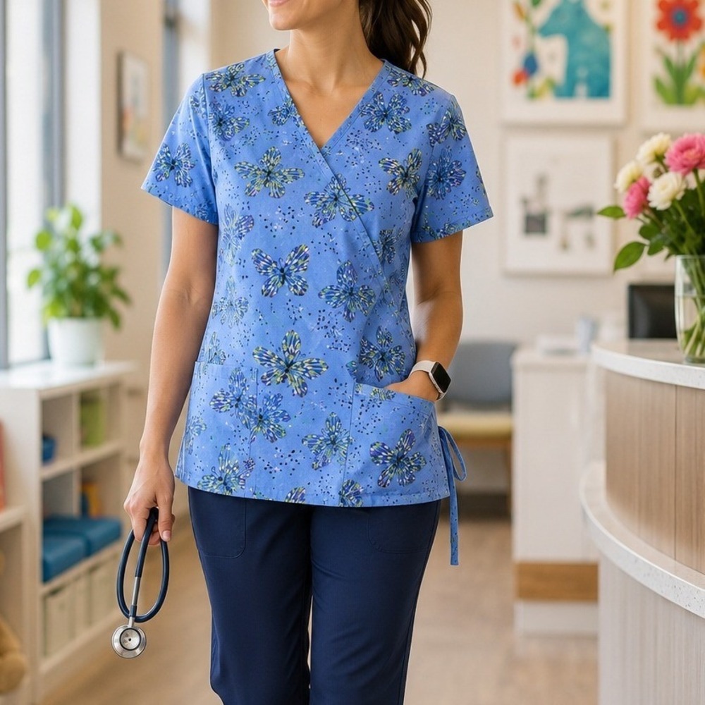 B Scrubs Butterfly Print Scrub Top Blue Wrap V-Neck Nursing Uniform Large Health